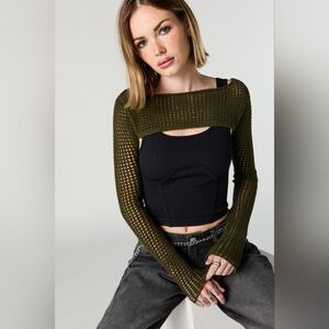 5 For $25✨️Green Crochet Knit Shawl Longsleeve Through Over Top Womens Small